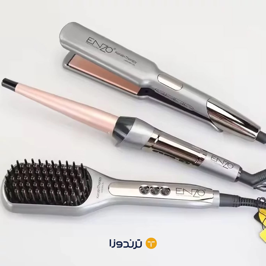 ست سه تیکه کراتین اتو مو ، برس حرارتی و فرکننده مخروطی انزو مدل EN-3885